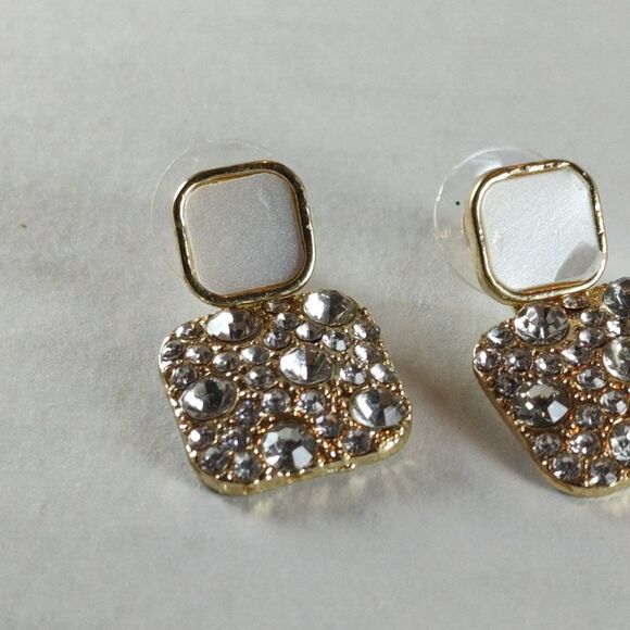 Gold Tone Metal Colorless Rhinestones Pearl Tone Stud Dangle Drop Earrings S925 - Picture 10 of 16